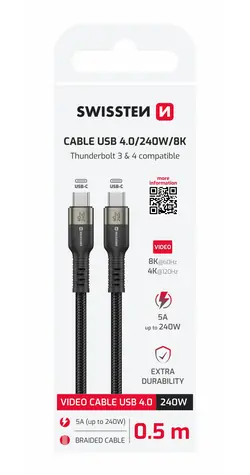 SWISSTEN USB 4.0 datový/video kabel 240W 0.5m černá / 8K@60Hz / 2x USB-C (4.0)
