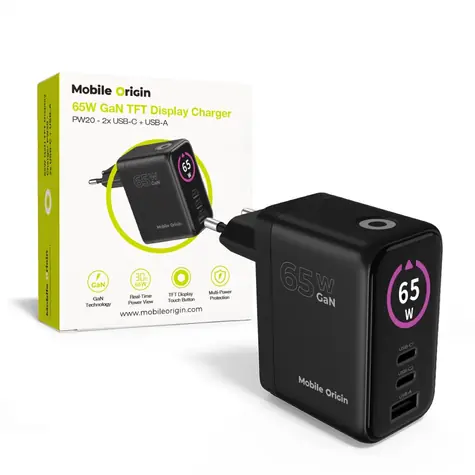 Mobile Origin PW20 GaN 65W černá / Nabíječka s TFT displejem / 2x USB-C & 1x USB-A