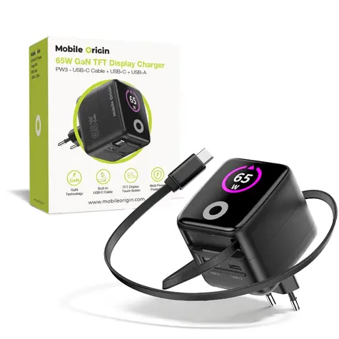 Mobile Origin PW3 GaN 65W černá / Nabíječka s TFT displejem / 1x USB-C kabel / 1x USB-C & 1x USB-A