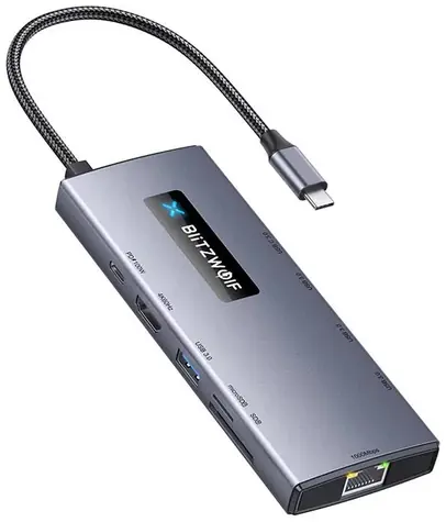 Blitzwolf BW-NEW TH8 adaptér 10in1 šedá / 3x USB-A / 3x USB-C / 1x HDMI / 1x RJ45 / SD + TF karta 