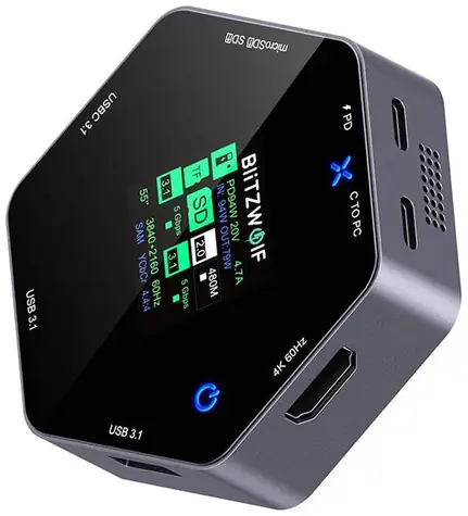 Blitzwolf BW-TH16 dokovací stanice 8in1 šedá / LCD Smart Display / 2x USB-A / 3x USB-C / 1x HDMI / SD + TF