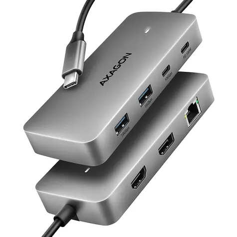 AXAGON HMC-CUB83X2, USB 10Gbps hub, 2x USB-A, USB-C, HDMI & DP 4k/144Hz, RJ-45 GLAN, PD 100W, kabel USB-C 15cm