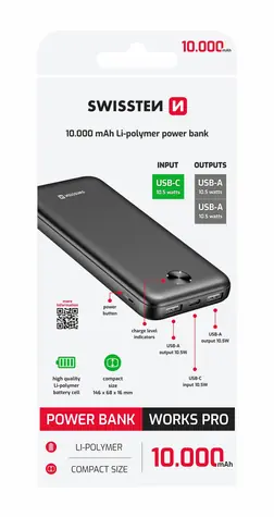 SWISSTEN WORX PRO černá / Powerbanka / 10000mAh / 2x USB-A + 1x USB-C
