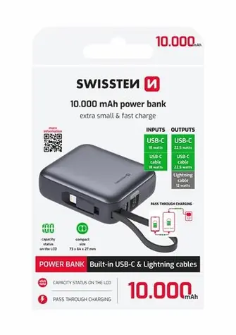 SWISSTEN 22013939 10000mAh stříbrná / Powerbanka s integrovanými kabely / 2x USB-C + Lightning