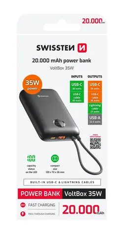 SWISSTEN 22013937 VOLTBOX 20000mAh černá / Powerbanka s integrovanými kabely 