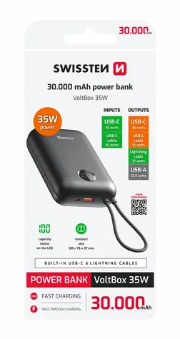 SWISSTEN 22013938 VOLTBOX 30000mAh černá / Powerbanka s integrovanými kabely 