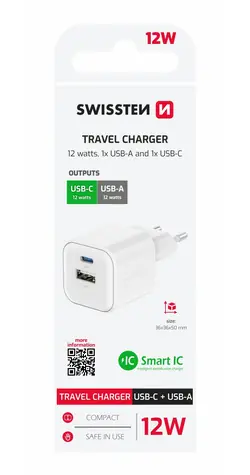 SWISSTEN Síťový adaptér USB-C + USB-A 12W bílá 