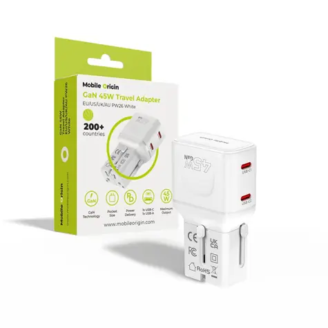 Mobile Origin PW26 Travel adapter GaN 45W bílá / Cestovní nabíječka / EU/US/UK/AU