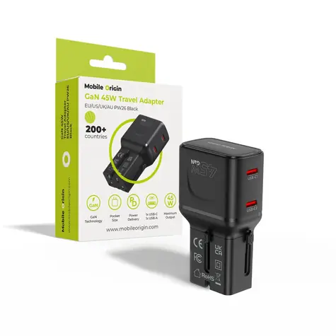 Mobile Origin PW26 Travel adapter GaN 45W černá / Cestovní nabíječka / EU/US/UK/AU 