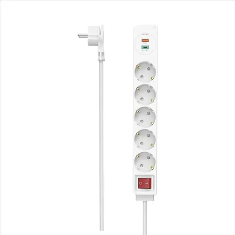 Hama prodlužovací přívod / 5x zásuvka schuko / USB-C PD / USB-A QC / 18 W / 1,4 m