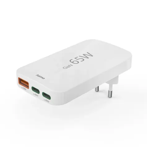 Hama rychlá USB nabíječka GaN bílá / 2x USB-C / USB-A / PD / QC / 65 W / plochá / skládací