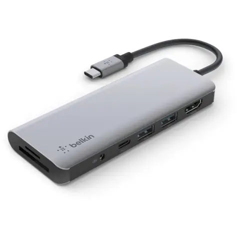 Belkin USB-C 7v1 Multiport Hub šedá / USB-C / 2x USB-A / HDMI / microSD/SD / 3.5mm jack