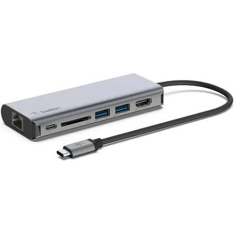 Belkin USB-C 6v1 Hub šedá / USB-C / 2x USB-A / HDMI / RJ45 / SD