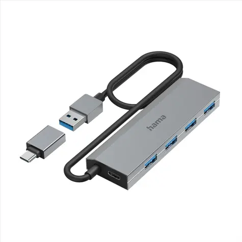 Hama USB hub šedá / 4 porty / USB 3.2 / 5 Gb/s / USB-C adaptér / síťový zdroj