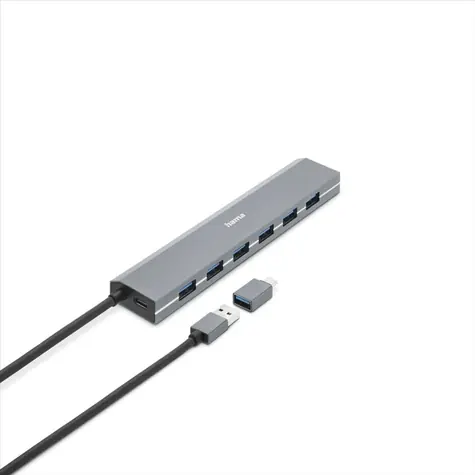Hama USB hub šedá / 7 portů / USB 3.2 / 5 Gb/s / USB-C adaptér / síťový zdroj