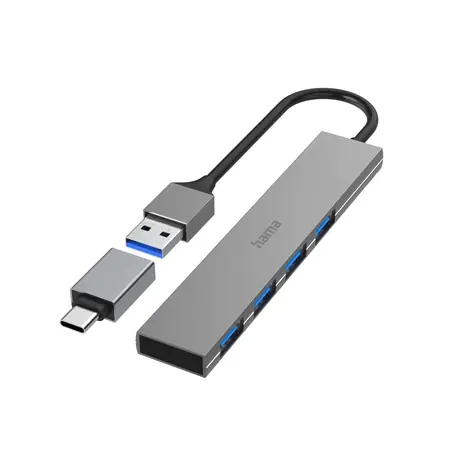 Hama USB hub šedá / 4 porty / USB 3.2 / 5 Gb/s / Ultra Slim / USB-C adaptér