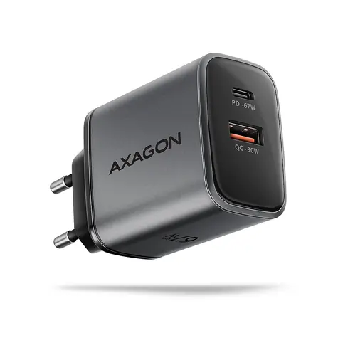 AXAGON ACU-PQ67 šedá / GaN nabíječka do sítě / 1x USB-A / 1x USB-C / 67W