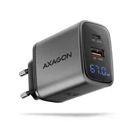 AXAGON ACU-PQ67D šedá / GaN nabíječka do sítě / 1x USB-A / 1x USB-C / 67W / LCD display