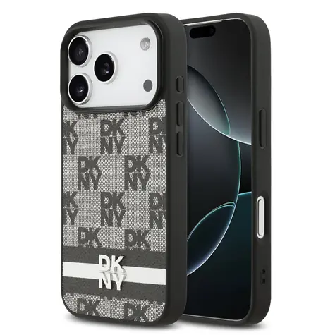 DKNY PU Leather Checkered Pattern and Stripe Zadní Kryt pro iPhone 17 Pro Black