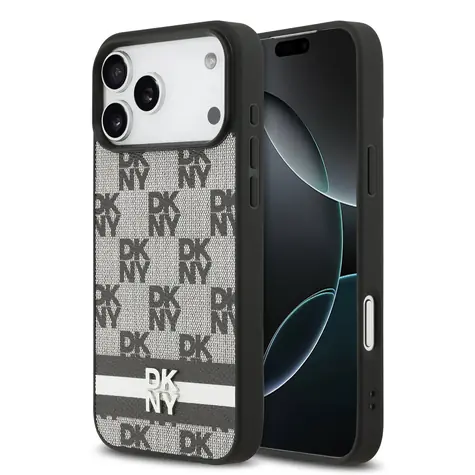 DKNY PU Leather Checkered Pattern and Stripe Zadní Kryt pro iPhone 17 Pro Max Black