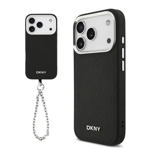 DKNY PU Leather Metal Logo Wrist Chain MagSafe Zadní Kryt pro iPhone 17 Pro Black