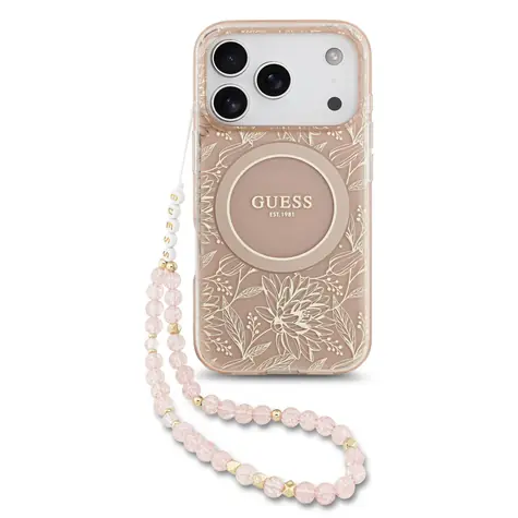 Guess IML Flowers Allover Strap MagSafe Zadní Kryt pro iPhone 17 Pro Pink