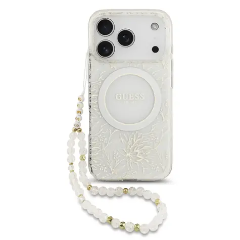 Guess IML Flowers Allover Strap MagSafe Zadní Kryt pro iPhone 17 Pro White