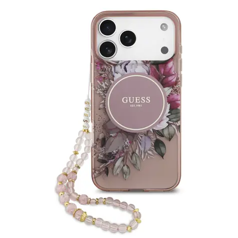 Guess IML Flowers Strap MagSafe Zadní Kryt pro iPhone 17 Pro Max Pink