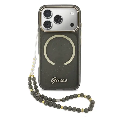 Guess IML Glitter Script Strap MagSafe Zadní Kryt pro iPhone 17 Pro Black