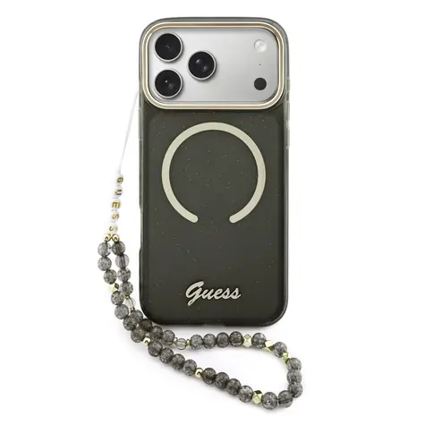 Guess IML Glitter Script Strap MagSafe Zadní Kryt pro iPhone 17 Pro Max Black