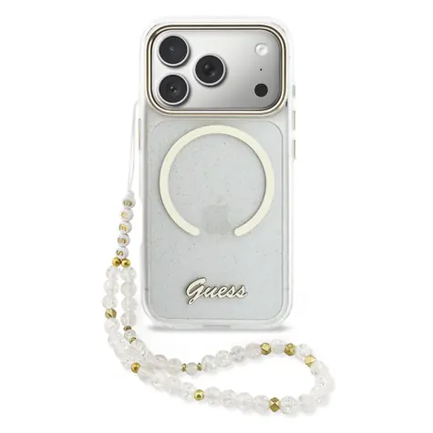 Guess IML Glitter Script Strap MagSafe Zadní Kryt pro iPhone 17 Pro Transparent