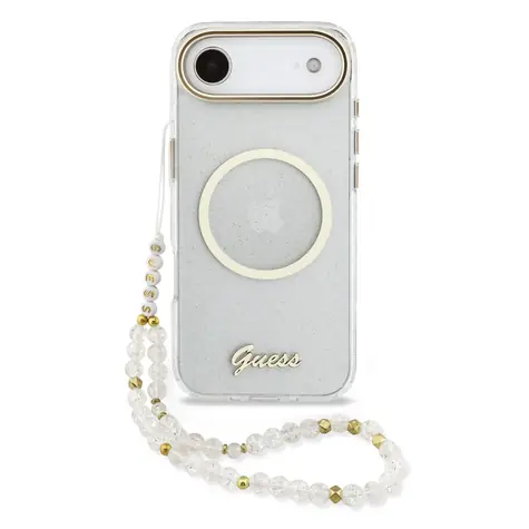 Guess IML Glitter Script Strap MagSafe Zadní Kryt pro iPhone Air Transparent