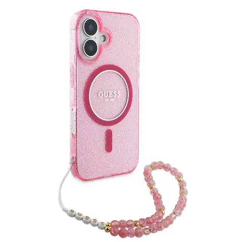Guess IML Glitter Strap MagSafe Zadní Kryt pro iPhone 16 Plus Pink