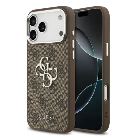 Guess PU 4G Metal Logo Zadní Kryt pro iPhone 17 Pro Max Silver Brown