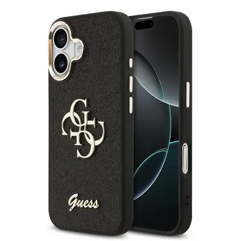 Guess PU Fixed Glitter 4G Metal Frame Zadní Kryt pro iPhone 17 Black