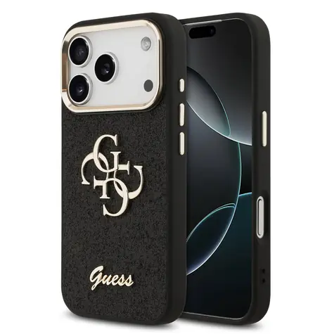 Guess PU Fixed Glitter 4G Metal Frame Zadní Kryt pro iPhone 17 Pro Black