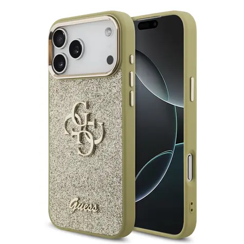 Guess PU Fixed Glitter 4G Metal Frame Zadní Kryt pro iPhone 17 Pro Max Gold