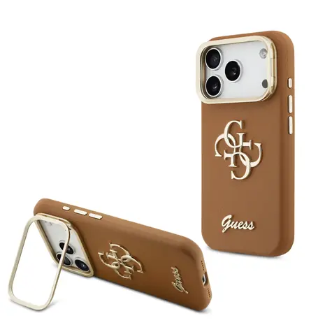Guess PU Grained 4G Logo Stand Camera Frame Zadní Kryt pro iPhone 17 Pro Brown