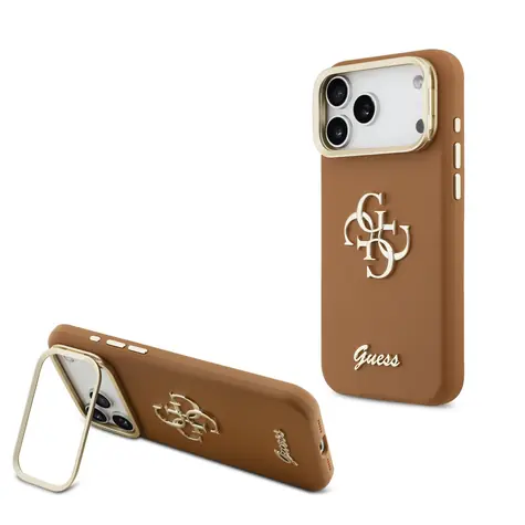 Guess PU Grained 4G Logo Stand Camera Frame Zadní Kryt pro iPhone 17 Pro Max Brown
