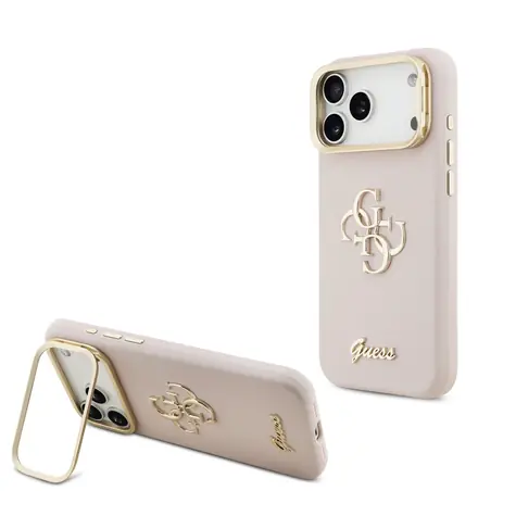 Guess PU Grained 4G Logo Stand Camera Frame Zadní Kryt pro iPhone 17 Pro Max Pink