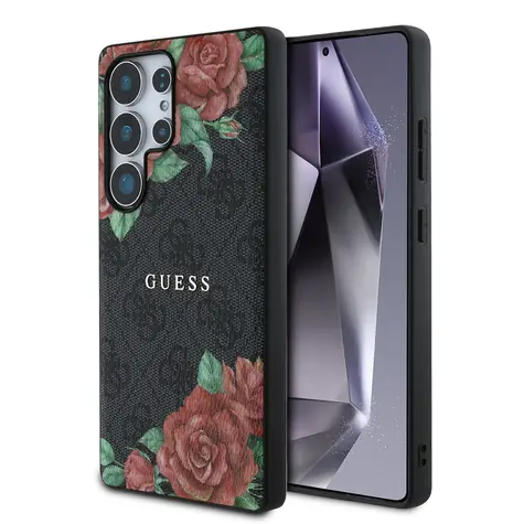 Guess PU Leather 4G Flowers Print Metal Classic Logo MagSafe Zadní Kryt pro Samsung Galaxy S25 Ultra Black