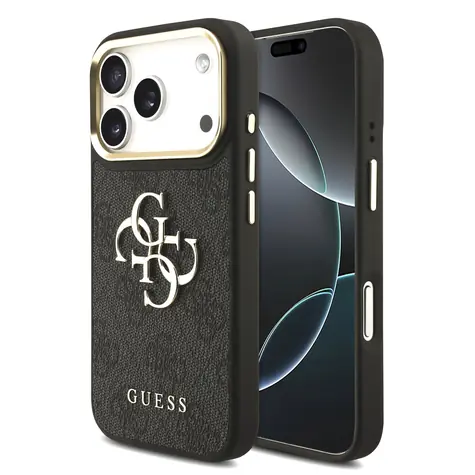 Guess PU Leather 4G Metal Logo Gold Frame Zadní Kryt pro iPhone 17 Pro Black