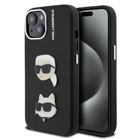 Karl Lagerfeld Grained PU K&CH Heads Zadní Kryt pro iPhone 15 Black