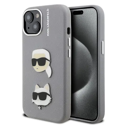 Karl Lagerfeld Grained PU K&CH Heads Zadní Kryt pro iPhone 15 Grey