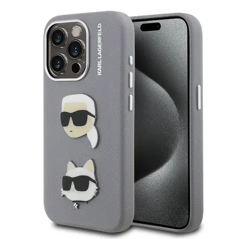 Karl Lagerfeld Grained PU K&CH Heads Zadní Kryt pro iPhone 15 Pro Grey