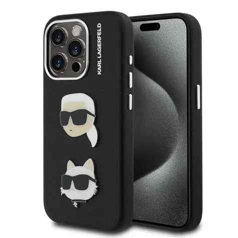 Karl Lagerfeld Grained PU K&CH Heads Zadní Kryt pro iPhone 15 Pro Max Black
