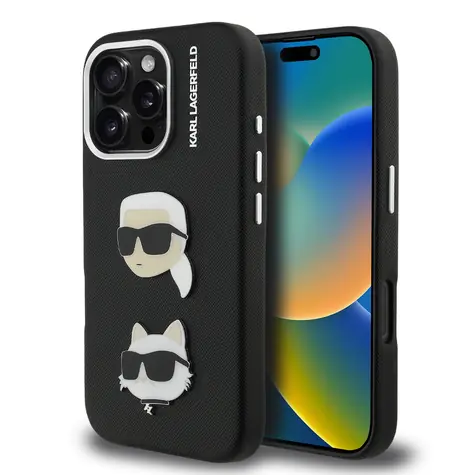Karl Lagerfeld Grained PU K&CH Heads Zadní Kryt pro iPhone 16 Pro Black