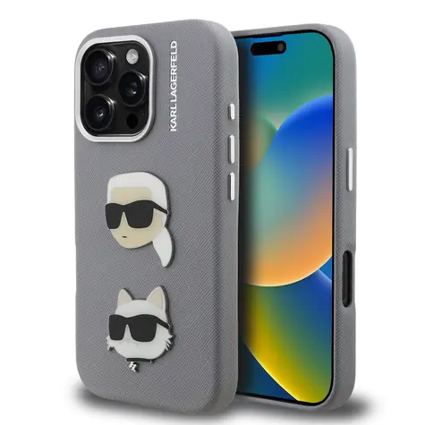 Karl Lagerfeld Grained PU K&CH Heads Zadní Kryt pro iPhone 16 Pro Max Grey