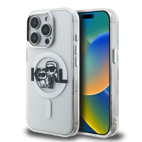 Karl Lagerfeld IML Glitter Karl and Choupette Sketch MagSafe Zadní Kryt pro iPhone 15 Pro Max Transparent