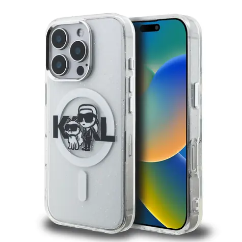 Karl Lagerfeld IML Glitter Karl and Choupette Sketch MagSafe Zadní Kryt pro iPhone 16 Pro Transparent
